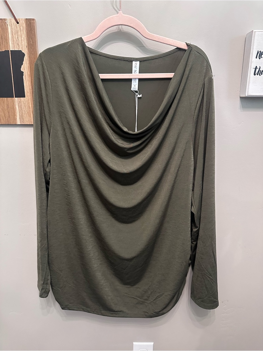 Cowl-Neck Long Sleeve Top in Olive - Lightweight Draped Style